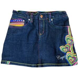 Coogi Girls Heart Embroidered Denim Skirt Skort Dark Wash Rainbow Colors Sz 6X